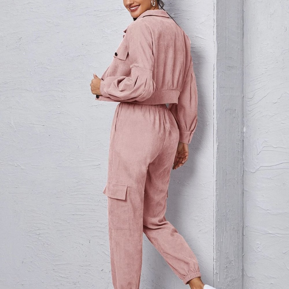 Dusty Pink Boho Womens Corduroy Flap Detail Jacket With Tie Front Cargo Pants - Picture 2 of 5